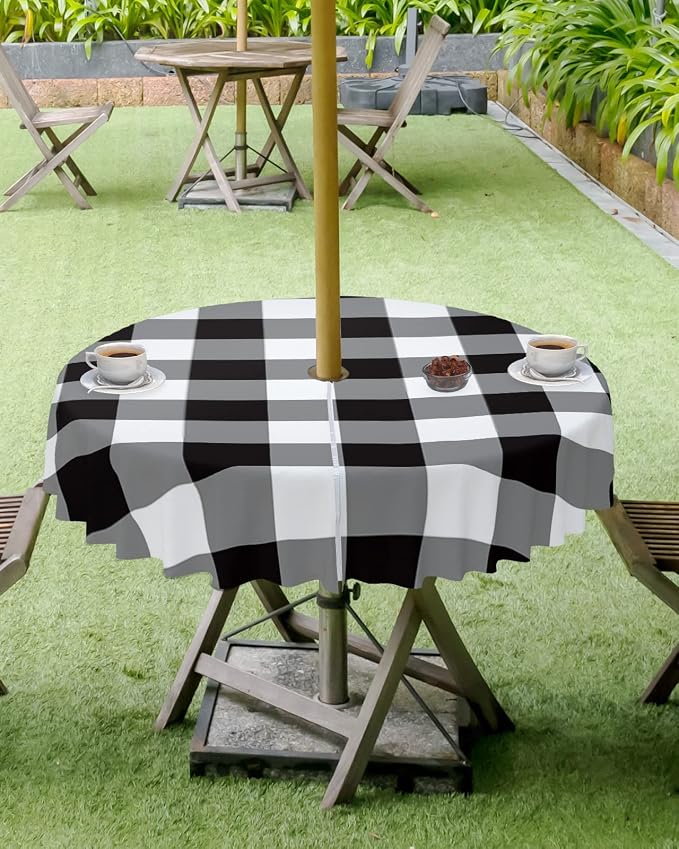 Black and White Checkered Outdoor Tablecloth - 54 Inch Round Dining Table Cover, Farmhouse Buffalo Plaid Waterproof Outdoor Table Cloth with Umbrella Hole & Zipper for Picnic/Patio/Party