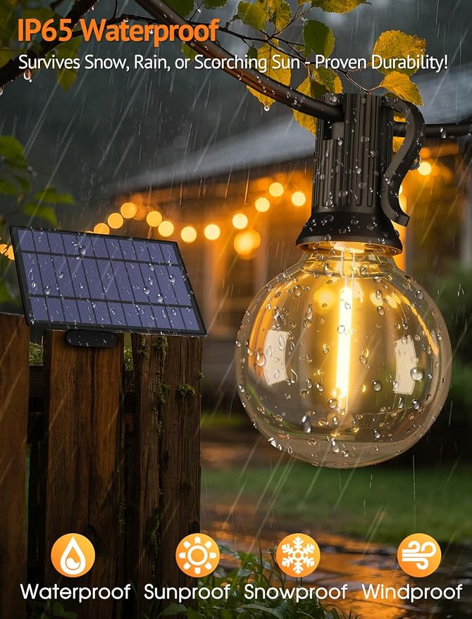 25FT Solar String Lights with Remote, 3 Modes, 11 G40 Bulbs, Black | Solar Powered, Dusk to Dawn, Dimmable, Timer, Memory Function, LED Globe Hanging Lights for Umbrella Gazebo Patio Decor