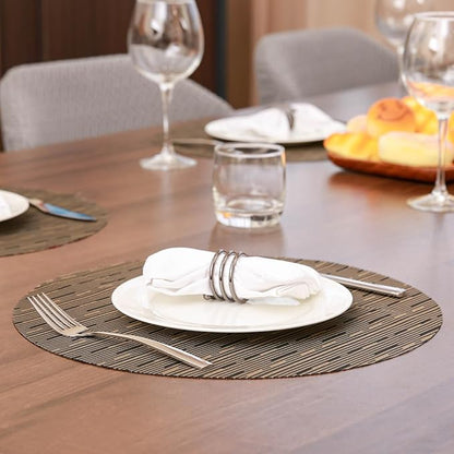 Round Placemats Set of 4 Heat Resistant Vinyl Placemats 15 inch Washable Non-Slip Table Mats Woven Place Mats for Dining Table (Black + Golden, Set of 4)