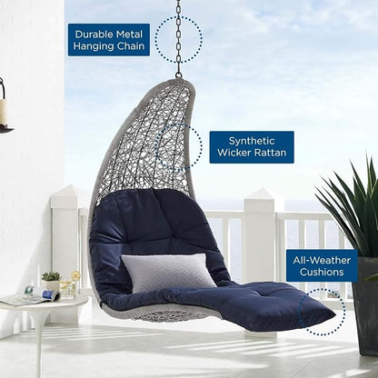 Modway Landscape Wicker Rattan Outdoor Patio Porch Chaise Lounge Hanging Swing Chair in Light Gray, Navy