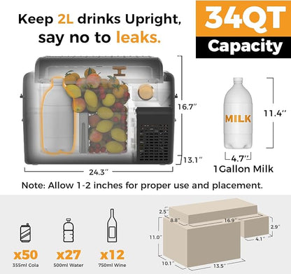 Setpower 12V Refrigerator 34 Quart Car Refrigerator,Keep Cold 24H Car Fridge 12V Fridge,Electric Coolers for Vehicles Car Camping Truck Van RV SUV Road Trip Travel,RF30 PRO fits 2L Bottle