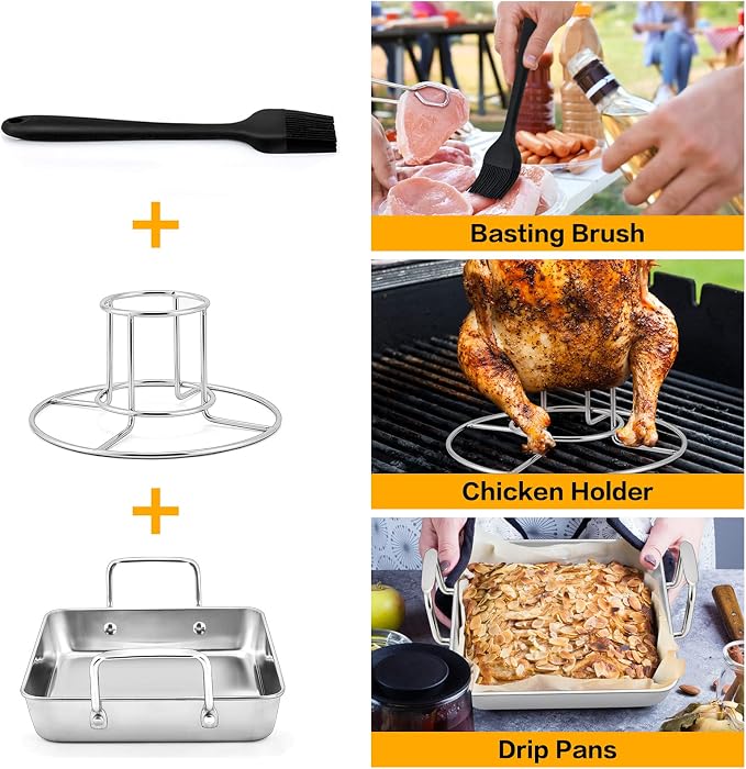 HaSteeL Beer Can Chicken Holder 3Pcs, Includes Stainless Steel Vertical Chicken Roaster Stand Rack, Heavy Duty Roasting Drip Pan & Silicone Oil Brush, Great for Smoker Grill Oven BBQ, Dishwasher Safe