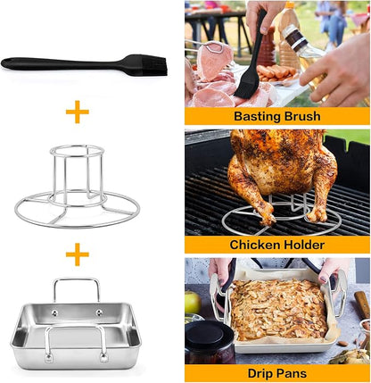 HaSteeL Beer Can Chicken Holder 3Pcs, Includes Stainless Steel Vertical Chicken Roaster Stand Rack, Heavy Duty Roasting Drip Pan & Silicone Oil Brush, Great for Smoker Grill Oven BBQ, Dishwasher Safe