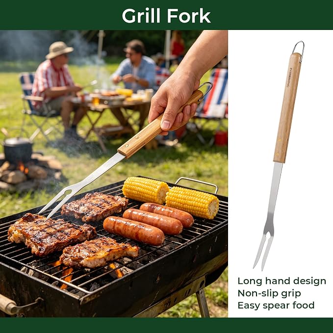 3Pc Wooden BBQ Tool Set, Heavy Duty Spatula, Fork & Tongs | Includes a versatile spatula, heavy-duty fork, and locking tongs for professional barbecuing