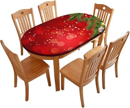 Tree Fitted Table Cover Red RenteriaDecor Ball Snowflakes Pattern Print Oval Tablecloths Polyester Elastic Table Cloths Indoor Family Banquet Outdoor Patio Use 52x70 Inch Tables
