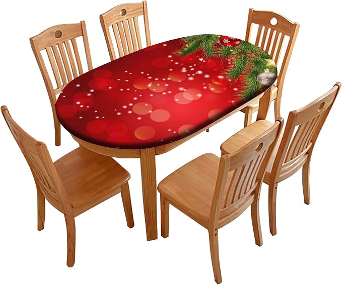 Christmas Tree Fitted Table Cover, Red Ball and Snowflakes Pattern Print Oval Tablecloths, Polyester Elastic Cloths for Indoor Family Banquet Outdoor Patio Use, 54x76 Inch Tables