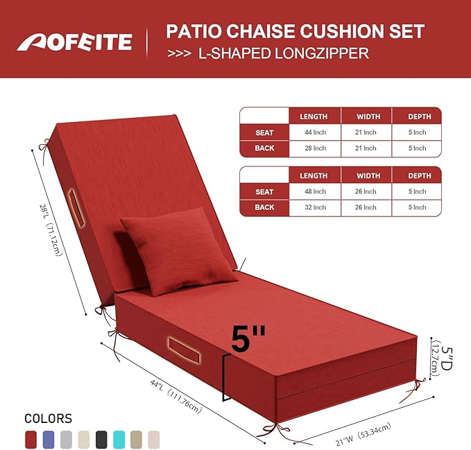 Outdoor Water-Resistant Olefin Chaise Lounge Cushions with Pillow, Weather and Fade Resistant Patio Furniture Lounge Chair Cushion Ideal for Patio, Lawn, Garden, Red, 72" L x 21" W x 5" T