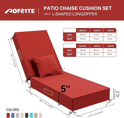 Outdoor Water-Resistant Olefin Chaise Lounge Cushions with Pillow, Weather and Fade Resistant Patio Furniture Lounge Chair Cushion Ideal for Patio, Lawn, Garden, Red, 72" L x 21" W x 5" T