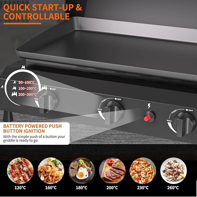 SKOK 3 Burner Gas Griddle With Hood-25.6 Inch Outdoor Propane Griddle-Portable Flat Top Gas Grill Camping Griddle Station with Side Shelves for Kitchen, BBQ, Camping Tailgating