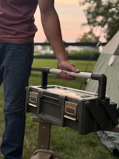 18" Cantilever Tool Box Organizer, Olive Green Heavy-Duty Tool Storage Box | 18 Removable Compartments, Metal Latches, Metal Carry Handle, Clear Lid & Two-Layer Full-Access Design