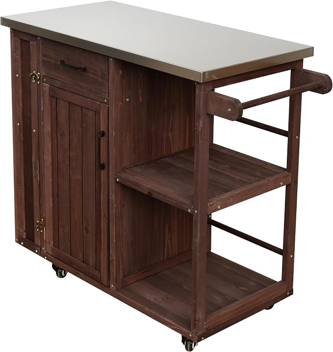 JIVOIT Outdoor Kitchen Island with Stainless Steel Worktop, Fir Wood Prep Station Lockable Kitchen Cart with Ample Storage Space, Towel and Spice Racks for Patio and Outdoor (Dark Brown/122)