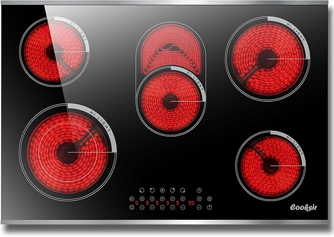 Electric Cooktop 30 Inch - 5 Burner Electric Stove Built-in(29.13"x19.3") 8400W High Power, 30 In Ceramic Stove Touch Control with Timer, Safety Lock, Glass Metal Frame, 220-240V Hard Wired