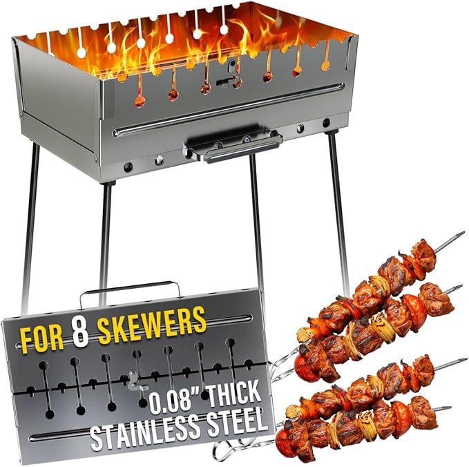 Stainless Steel Charcoal Grill for 8 Skewers – Portable BBQ 16.93"×11.81"×21.26" – Foldable Kabob Mangal – Rustproof Shish Kebab Grill for Outdoor Cooking (Skewers Not Included)