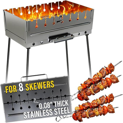 Stainless Steel Charcoal Grill for 8 Skewers – Portable BBQ 16.93"×11.81"×21.26" – Foldable Kabob Mangal – Rustproof Shish Kebab Grill for Outdoor Cooking (Skewers Not Included)