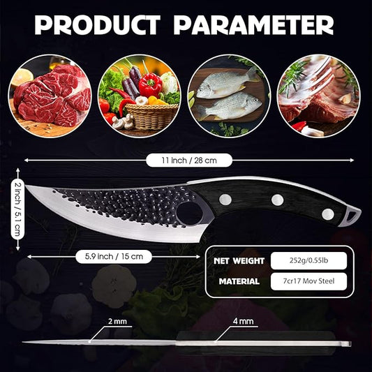 Chef Knife, Boning Knife for Meat Cutting, Viking knife with sheath,Hand Forged Japanese Knife,Kitchen Knives For Home, Outdoor Cooking, Camping BBQ (Black)
