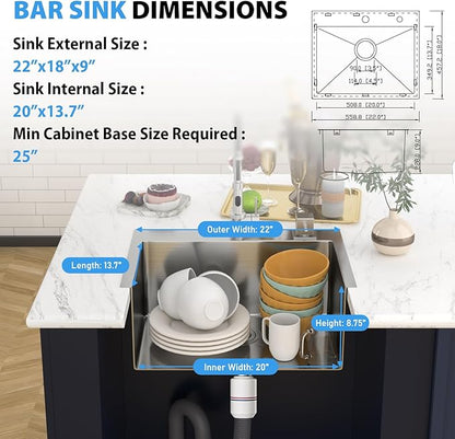 22 Drop In Bar Sink 22 x 18 Inch Kitchen Sink 18 Gauge Stainless Steel Single Bowl Topmount Handmade Sink for Outdoor, RV, 22x18x9