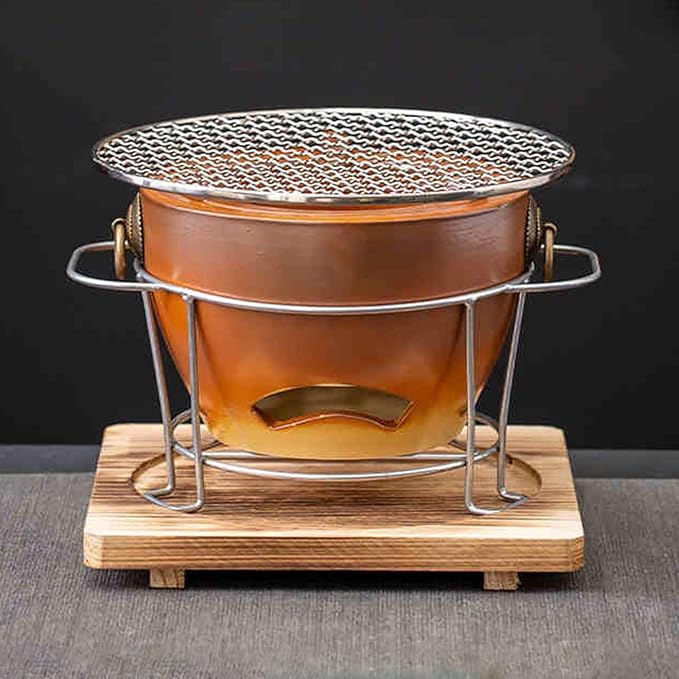1Set Clay Charcoal Stove, Indoor Pottery Barbecue Stove, Tabletop Pottery Fire Stove, with a Wooden Pads and Grill, Metal Mesh, for Cooking Tea Stove(Yellow)
