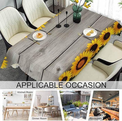 Sunflowers Decorative Tablecloth, Retro Wooden Board Sunflowers Kitchen Table Cover Oblong 52"X70" Tablecloths Dining Table Cloth Buffet Parties Patio and Camping Yellow