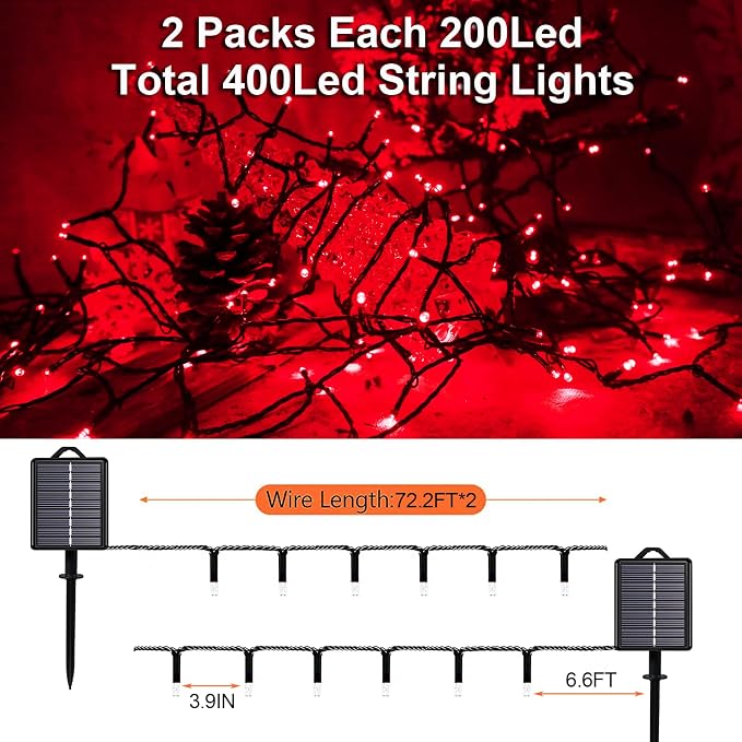Solar Christmas Halloween String Lights, Red 200Led, Outdoor | 2 Pack Total 400Led 144Ft 8 Mode, IP44 Waterproof Outside Fairy Lights for Tree, Garden, Patio, Lawn, Party, Yard Decorations