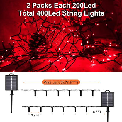 Solar Christmas Halloween String Lights, Red 200Led, Outdoor | 2 Pack Total 400Led 144Ft 8 Mode, IP44 Waterproof Outside Fairy Lights for Tree, Garden, Patio, Lawn, Party, Yard Decorations