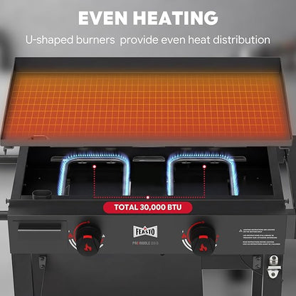 FEASTO 28" 2-Burner Propane Gas Griddle, 30,000 BTU, 458 Sq. In., Black | Outdoor Heavy-Duty Flat Top Grill with Front Grease Cup, Side Table & Wheels for Camping, Tailgating & Backyard