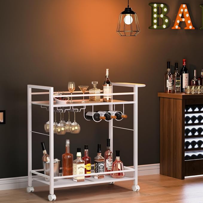 Joaxswe Bar Cart w/Wheels,2 Tier Home Bar Serving Cart,Elegant White | Rolling Beverage Cart w/ Wine Rack and Glass Holder,Modern Wine Cart w/ Storage Shelves for Kitchen, Living Room,Dinning Room