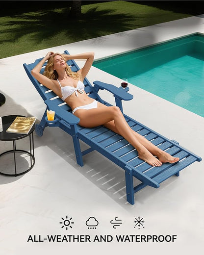 Carauci Lounge Chair Outdoor Set of 2, HDPE Chaise Lounge with Wheels, 5-Position Adjustable Backrest & 2 Cup Holders Patio Lounge Chair, All-Weather Pool Sun Lounger for Poolside, Backyard, Blue