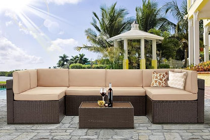 U-MAX 7 Piece Outdoor Patio Furniture Set, PE Rattan Wicker Sofa Set, Outdoor Sectional Furniture Chair Set with Cushions and Tea Table, Brown