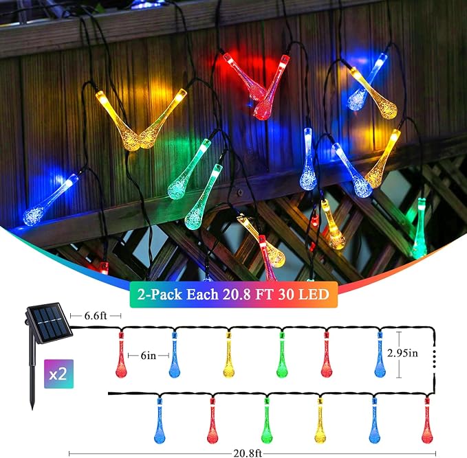 JMEXSUSS 2 Pack Solar String Lights Outdoor, Total 60LED 41.6FT, Water Drop | Outdoor Waterproof, Teardrop, 8 Modes Multi Colored Christmas Lights for Outside Garden Patio Yard Tree Christmas Decorations