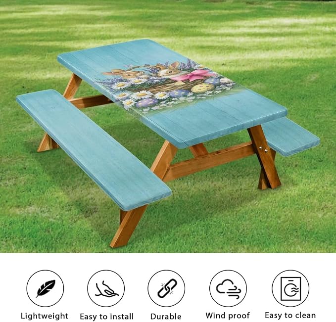 Easter Bunny Picnic Table Cover Elastic Fitted Table Cloth for Camping Party Easter Bunny Picnic Table Cover with Bench Covers 3 PCS for Outdoors
