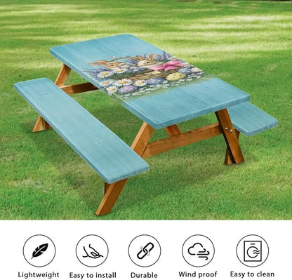 Easter Bunny Picnic Table Cover Elastic Fitted Table Cloth for Camping Party Easter Bunny Picnic Table Cover with Bench Covers 3 PCS for Outdoors