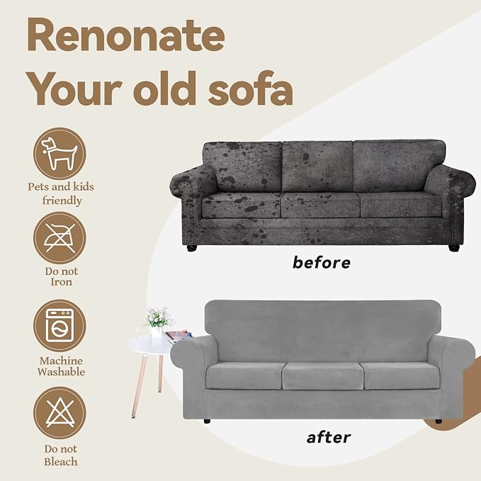 WEERRW 4-Piece Couch Cover for Sofa Velvet Sofa Cover Washable, Silver Grey | Sofa Covers for 3 Cushion Couch Furniture Protector Sofa Slipcovers with Non Slip Elastic Bottom, Pet Friendly, Large