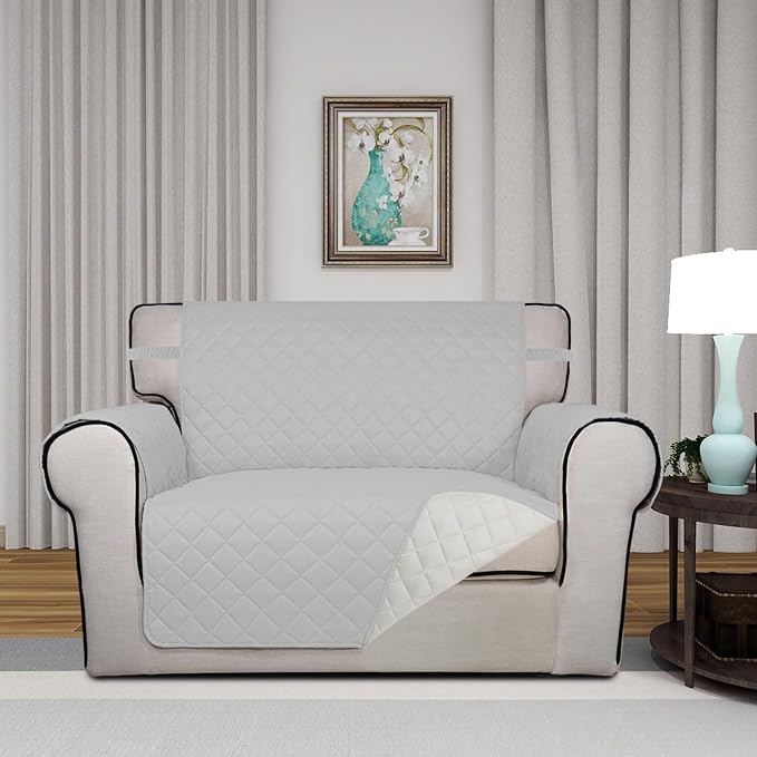 PureFit Reversible Quilted Sofa Cover Dog Couch Covers for Sofa, 28 in | Light Gray/Ivory, Water Resistant Couch Protector, Washable Pet Couch Cover with Non Slip and Elastic Straps For Kids