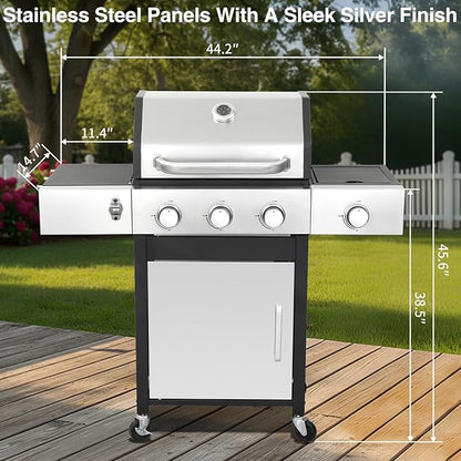3 Burner Propane Gas Grill, 39,000 BTU Outdoor BBQ Grill with Side Burner and Cast Iron Grates, Cabinet Style Storage Gas Barbecue Grill for Backyard Patio
