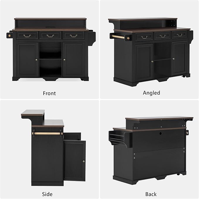 Merax 53.2" Two-Tier Kitchen Island with Storage, Farmhouse Kitchen Island with Power Outlet, 4 Door Shelves, Adjustable Shelves, 3 Drawers, Rolling Island Table, Bar Cabinet for Kitchen, Ash Black
