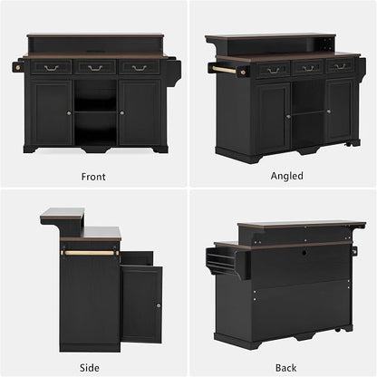 Merax 53.2" Two-Tier Kitchen Island with Storage, Farmhouse Kitchen Island with Power Outlet, 4 Door Shelves, Adjustable Shelves, 3 Drawers, Rolling Island Table, Bar Cabinet for Kitchen, Ash Black