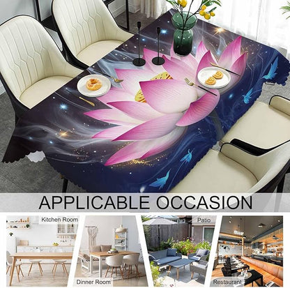 Lotus Rectangle Tablecloth 52x70 Inch Magic Water Lotus Flowers Sparkle Blue Dining Table Cloth Table Cover for Home Kitchen Restaurant Party Buffet Picnic, 4-6 Seats