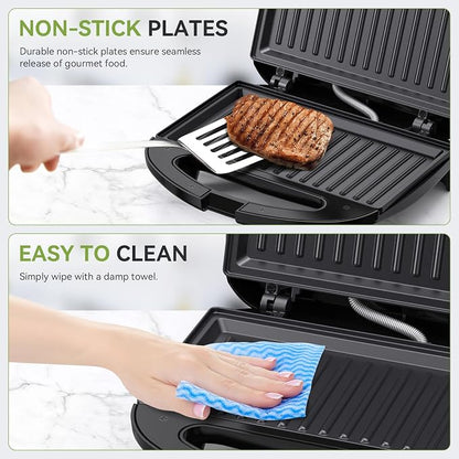OSTBA Panini Press Sandwich Maker, 2-Slice Sandwich Toaster Grill | 750W Heating with Raised Nonstick Grill Plates, Indicator Lights, Cool-Touch Handle, Cord Wrap Storage and Easy Cleanup