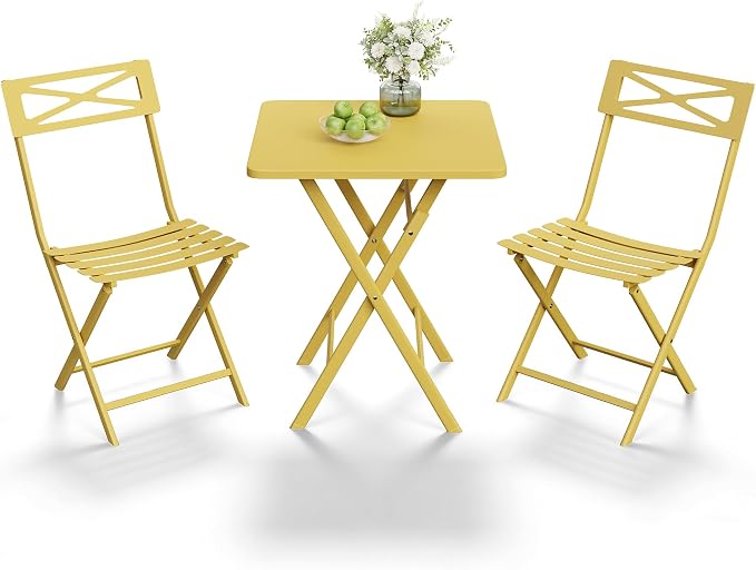 Garvee 3PCS Bistro Set, Folding Patio Furniture Set w/ 2 Chairs,Solid Steel | Foldable space-saving bistro set, fully pre-assembled for instant use. Powder-coated weatherproof steel frame. Easy-clean