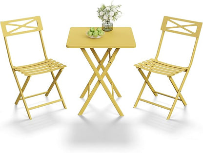 Garvee 3PCS Bistro Set, Folding Patio Furniture Set w/ 2 Chairs,Solid Steel | Foldable space-saving bistro set, fully pre-assembled for instant use. Powder-coated weatherproof steel frame. Easy-clean