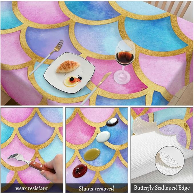 Swono Decorative Rectangle Table Cloth Mermaid, Rainbow Animal Fish Skin Mermaid Scales Polyester Tablecloth Kitchen Table Cover for Dining BBQ Picnic Coffee Table 50x72, 4-6 Seats