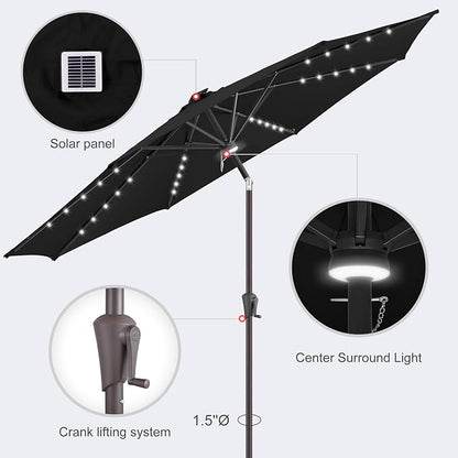 Solar Patio Umbrella Outdoor with Centre Light, 11 ft Black | 40 LED Lights, UV Protection, Solar Outdoor Umbrella for Porch, Deck, Pool, Table, Garden, Provides Evening Lighting