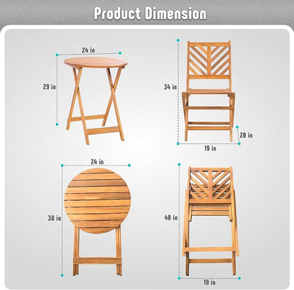 Werph 3-Piece Acacia Wood Patio Set, Foldable Bistro Table and Chairs Set | Small Patio Furniture Set with Cushions, Folding Balcony Chairs Table Set for Apartment, Balcony, Deck or Porch