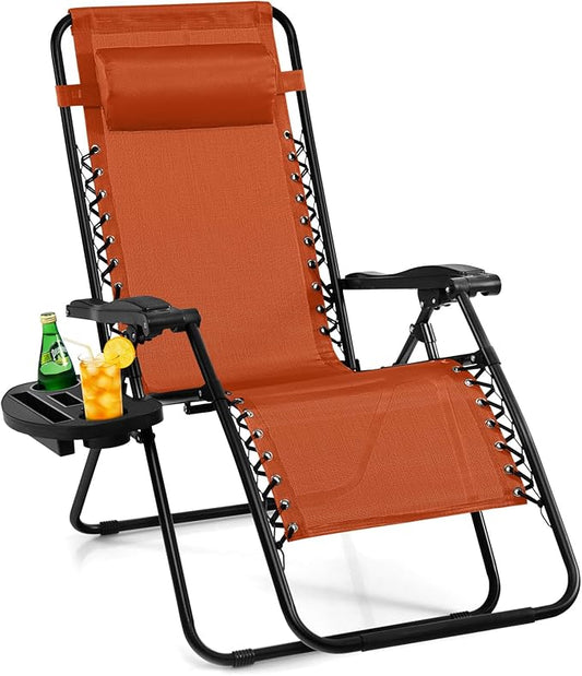 Giantex Zero Gravity Reclining Chair, Outdoor Patio Recliner with Cup Holder & Removable Pillow, Adjustable Backrest, Indoor Lounge Chair for Backyard, Garden, Poolside (Orange)