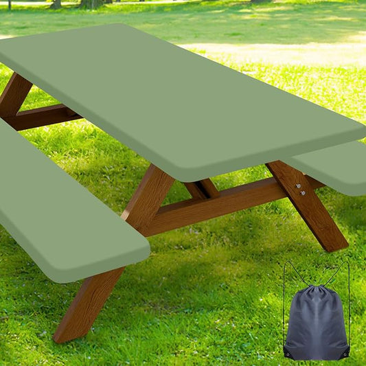 Smiry Picnic Table Cover with Bench Covers, Waterproof Elastic Fitted Polyester Tablecloths for 6 Ft Rectangle Tables, Washable Windproof Tablecloth for Outdoor, Camping (Sage Green, 30x72 Inches)