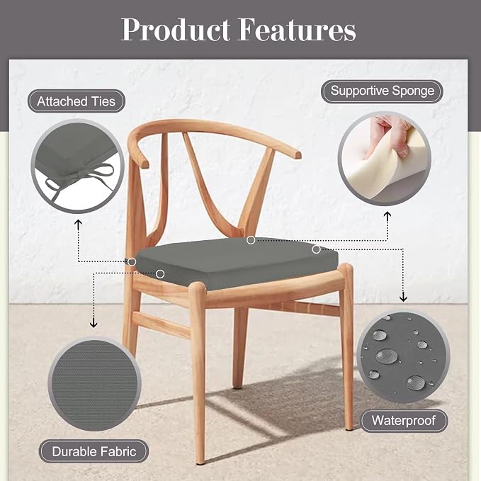 Cozyide Outdoor Chair Cushions, Waterproof Patio Seat Cushions with Adjustable Straps, Round Corner Patio Chair Cushions for Garden, Dark Grey, 17x16x2 Inch (Pack of 2)