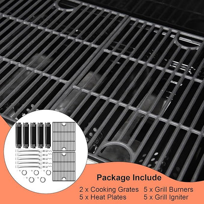 Grill Parts for Nexgrill 5 Burner 720-0888 720-0888N 720-0888A,4 Burner Nex-grill 720-0830H 720-0830 Cast Iron Grill Grate, Porcelain Steel Heat Plate, Burner Replacement Kit for Home Depot Nex grill