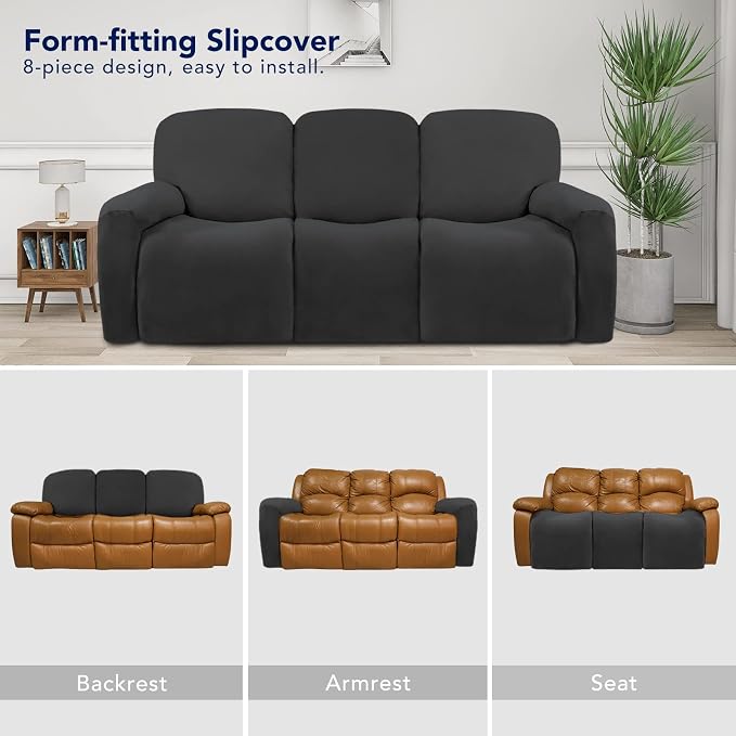 PureFit Super Stretch 3 Seats Recliner Sofa Couch Cover with Pocket | Non Slip Soft Sofa Slipcover, Washable Spandex Reclining Furniture Protector for Kids, Pets (Recliner Sofa, Dark Gray)