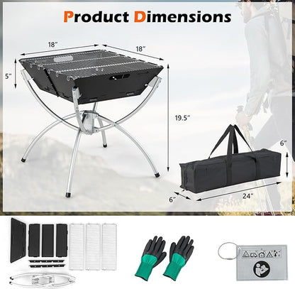 HAPPYGRILL 3-in-1 Foldable Fire Pit With Grill for Outside, Collapsible Wood Burning Camping Fire Pit for BBQ Bonfire Outdoor Cooking