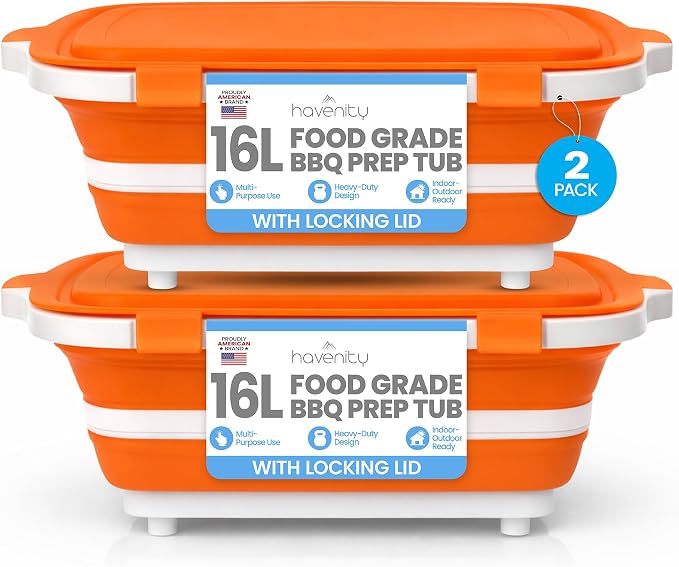 BBQ Prep Tub 2 Pack (16L+16L) - Multifunctional Collapsible Camping Cutting Board with Upgraded Locking lid, Meal Prep Meat Storage Container Perfect for Grilling, Outdoor Cooking (XL x 2)